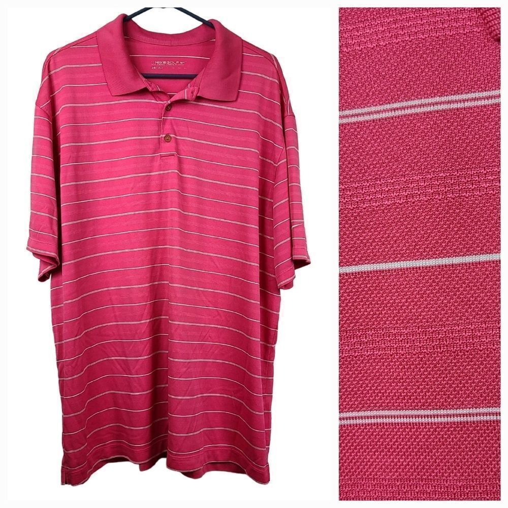 Nike Golf Men's XXL Dri-Fit Tech Core Stripe Polo Shirt Coral Pink Jersey Top